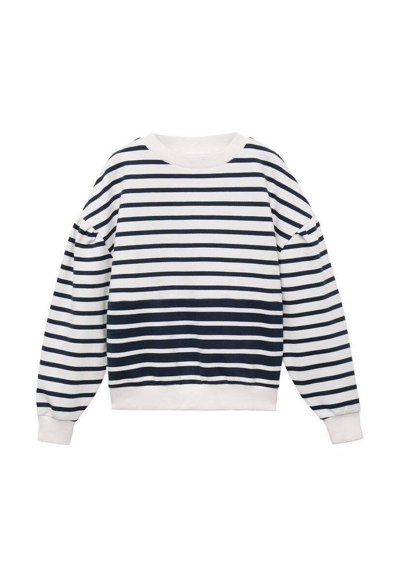 Felpa a righe blu navy e bianca con scollatura tonda, maniche lunghe a sbuffo e orlo e polsini a costine, realizzata in morbido tessuto a maglia.