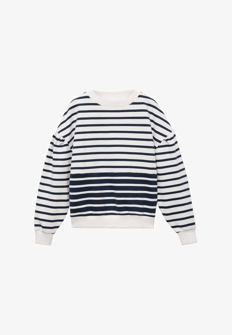 Felpa a righe blu navy e bianca con scollatura tonda, maniche lunghe a sbuffo e orlo e polsini a costine, realizzata in morbido tessuto a maglia.