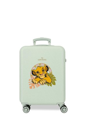 Maleta rígida color verde claro con cuatro ruedas, con un gráfico frontal del joven Simba de El Rey León y hojas tropicales.