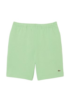 Shorts de sport vert clair en tissu doux. Ils disposent d'une taille élastique et d'un petit logo sur le bas à gauche.