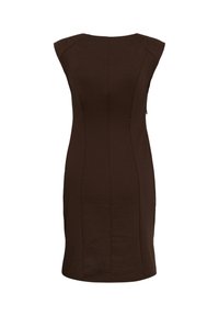 Robe marron foncé sans manches longueur genou avec taille cintrée et détails de coutures verticales, vue de dos sur fond blanc.
