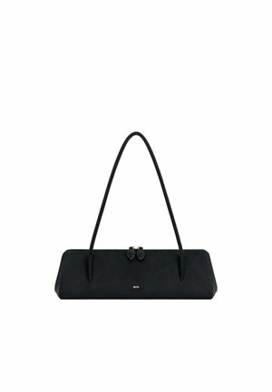 Sac à main rectangulaire noir avec des bretelles longues et fines, des tirettes de fermeture éclair dorées et un petit logo doré "JW PEI" sur le devant.