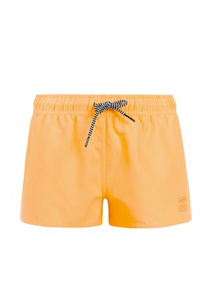 Helle orangefarbene Herren-Badeshorts mit elastischem Bund und schwarz-weißem Kordelzug, mit einem kleinen Logo am unteren rechten Bein.