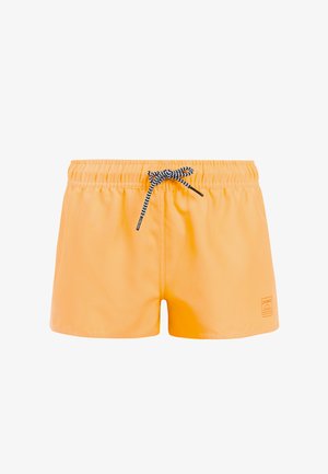 Shorts de bain pour homme, couleur orange vif, avec ceinture élastique et cordon de serrage noir et blanc, arborant un petit logo sur la jambe droite inférieure.