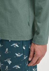 Katoenen lange mouwen shirt in gedempt groen, gecombineerd met blauwe broek met vliegende ganzen patronen. Soepele textuur, ontspannen pasvorm.