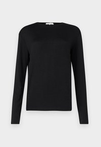 Haut noir à manches longues en tissu lisse, avec un col rond et une coupe décontractée. Design simple sans motifs ni accents visibles.