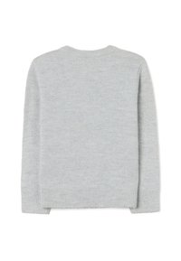 Hellgrauer Pullover mit rundem Halsausschnitt, geripptem Saum, aus weichem Strickmaterial, mit glatter Textur ohne Muster oder Beschläge.