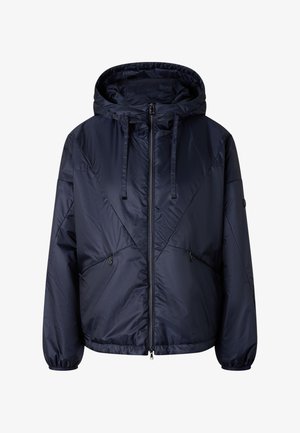 Veste à capuche bleu marine avec fermeture éclair devant, capuche à cordon, deux poches zippées et poignets élastiques aux manches longues.