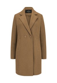 Brauner Wollmantel mit Reverskragen, zwei Knöpfen und seitlichen Taschen. Glatte Textur mit tailliertem Schnitt und mittellanger Passform.