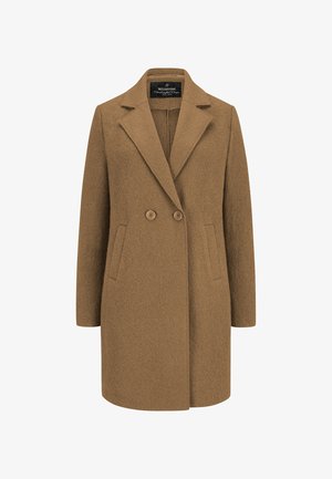 Brauner Wollmantel mit Reverskragen, zwei Knöpfen und seitlichen Taschen. Glatte Textur mit tailliertem Schnitt und mittellanger Passform.