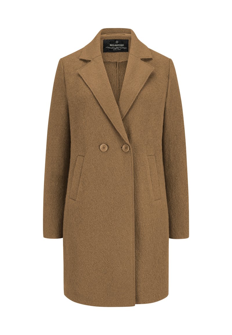 Brauner Wollmantel mit Reverskragen, zwei Knöpfen und seitlichen Taschen. Glatte Textur mit tailliertem Schnitt und mittellanger Passform.