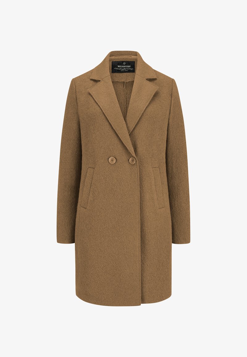 Brauner Wollmantel mit Reverskragen, zwei Knöpfen und seitlichen Taschen. Glatte Textur mit tailliertem Schnitt und mittellanger Passform.
