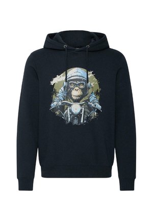 Zwarte hoodie met een afbeelding van een aap die een helm en een bril draagt en op een motorfiets rijdt, met daarachter een cirkel in groen en wit.