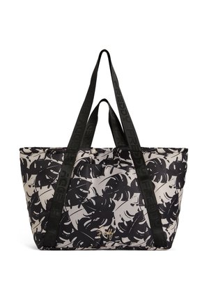 Borsa a tracolla bianca e nera con motivo a foglia, realizzata in tessuto resistente, con manici neri embossati con "FREDDY" e un accento del logo dorato.