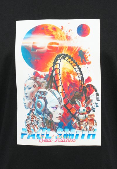 T-shirt features a colorful graphic design with robotic faces, a roller coaster, and planets, printed on a black fabric background.