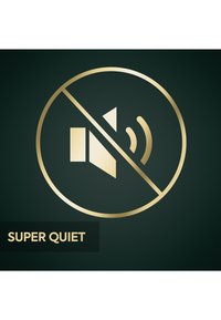 Wyciszona ikona głośnika w złotym okręgu z przekątną linią, wskazująca bardzo niski poziom hałasu; tekst „SUPER QUIET” na ciemnym tle.
