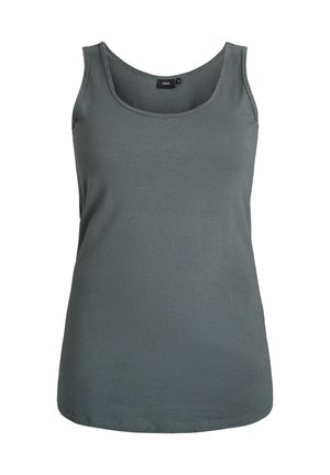 Szary top na ramiączkach wykonany z gładkiego, elastycznego materiału. Posiada szerokie ramiączka oraz dekolt w serek, z prostym wykończeniem na wysokości talii.
