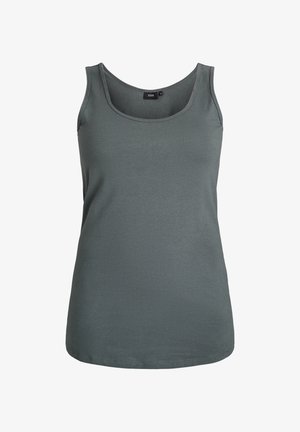 Szary top na ramiączkach wykonany z gładkiego, elastycznego materiału. Posiada szerokie ramiączka oraz dekolt w serek, z prostym wykończeniem na wysokości talii.