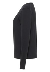 Schwarzes Langarmshirt aus weichem Stoff. Verfügt über einen runden Halsausschnitt und eine lockere Passform, mit minimalen Nahtdetails an den Seiten.