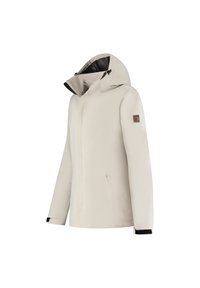 Veste imperméable beige clair avec un col haut et une capuche ajustable. Comprend des poches zippées et des accents noirs aux poignets.