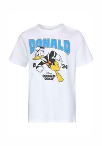 Fehér pamut póló, amelyen egy Donald kacsa karikatúra grafika található. A felirat "DONALD 1934" kék színben, fekete és narancssárga színkombinációval.
