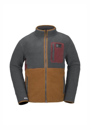Chaqueta de forro polar con cierre frontal, cuerpo gris y parte inferior marrón. Presenta un bolsillo en el pecho color burdeos y mangas grises con una textura suave.