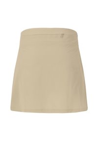 Beige Rock mit einem figurbetonten Taillenbund und einer einzelnen Reißverschlusstasche auf der Rückseite. Hergestellt aus leichtem, glattem Stoff, hat er eine ausgestellte Form.