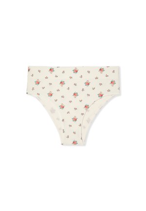 Sous-vêtements femmes taille haute de couleur crème avec petit motif floral rose et vert sur fond blanc.