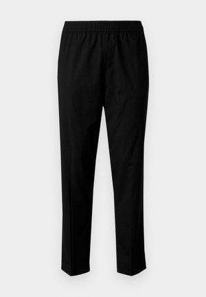 Sorte bukser med elastisk talje, med en lige benform. Stoffet ser glat ud med en mat overflade, uden synlige mønstre.