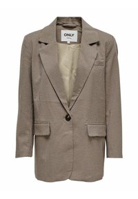 Braun kariertes Blazer mit Reverskragen, einem einzelnen vorderen Knopf, zwei vorderen Taschen und einem glatten Innenfutter.