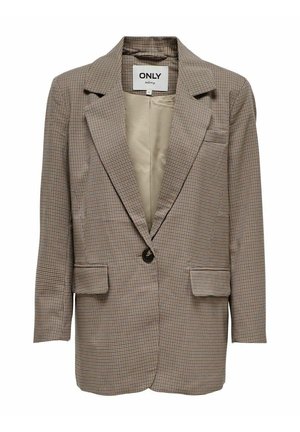 Blazer à carreaux marron avec un col cranté, un bouton unique à l'avant, deux poches avant et une doublure intérieure lisse.