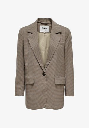 Brunternet blazer med spidse lapelse, enkelt frontknap, to frontlommer og en glat inderside.