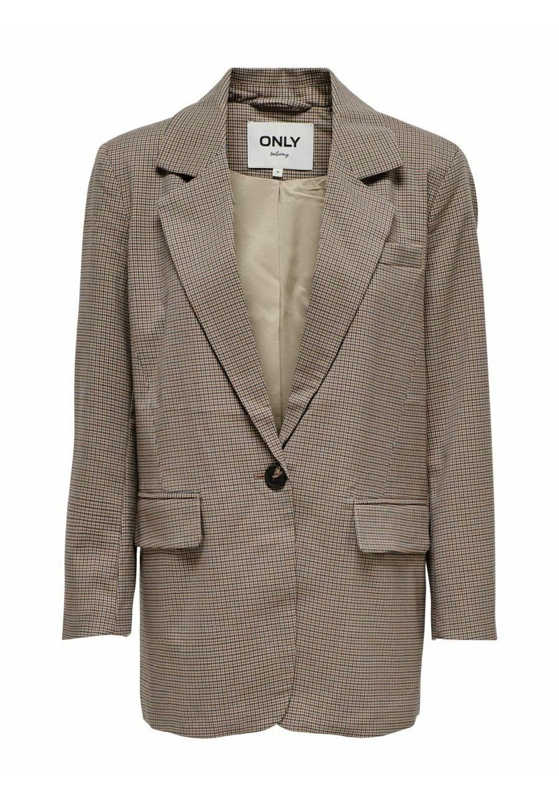 Braun kariertes Blazer mit Reverskragen, einem einzelnen vorderen Knopf, zwei vorderen Taschen und einem glatten Innenfutter.