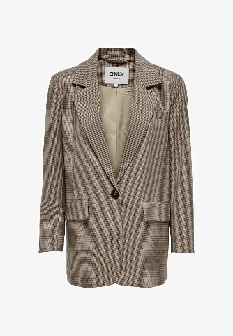 Braun kariertes Blazer mit Reverskragen, einem einzelnen vorderen Knopf, zwei vorderen Taschen und einem glatten Innenfutter.