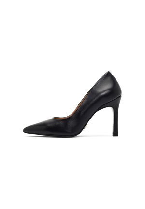 Zapato de salón de piel negra con tacón alto y fino stilettos, con punta afilada, mostrado de lado sobre un fondo blanco.