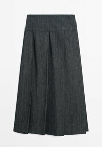 Jupe midi plissée gris foncé avec une large ceinture en tissu texturé.