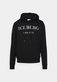 Schwarzer Kapuzenpullover aus Baumwolle, mit einem Kordelzug in der Kapuze und einer vorderen Kängurutasche. "ICEBERG since 1974" in Weiß auf der Brust aufgedruckt.