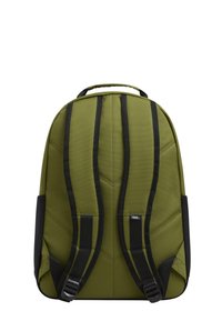 Olive green backpack made of durable fabric, featuring black padded straps, a top handle, and a geometric design on the back.