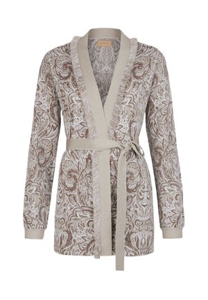 Langærmet beige og hvid paisley cardigan med frynsekant, V-hals og matchende bælte bundet i taljen.