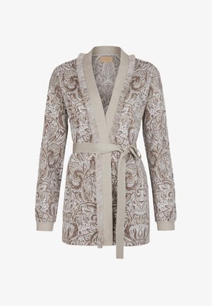 Langærmet beige og hvid paisley cardigan med frynsekant, V-hals og matchende bælte bundet i taljen.
