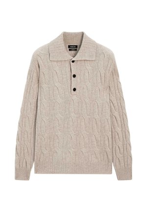 Beige knit sweater with a cable pattern, featuring a collared neckline, three-button placket, and ribbed cuffs and hem.
