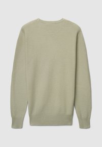 Maglione a maglia verde chiaro con motivo a coste strutturato, scollo tondo e polsini e orlo a coste. Vista posteriore, senza grafiche o accenti.