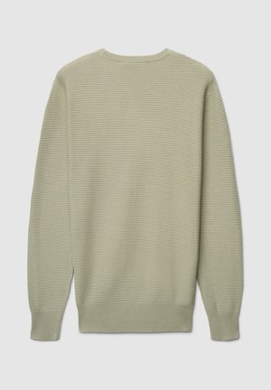 Hellgrüner Strickpullover mit strukturierter Rippoptik, Rundhalsausschnitt sowie gerippten Bündchen und Saum. Rückansicht, keine Applikationen oder Verzierungen.