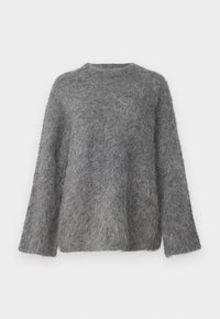 Grauer, fuzzy Pullover mit rundem Ausschnitt und weit geschnittenen Ärmeln, der eine weiche Textur und einen lässigen Schnitt bietet. Keine sichtbaren Beschläge oder Muster.