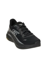 Schwarzer Sportschuh mit Mesh-Obermaterial, Schnürsenkeln und einer gepolsterten Sohle. Mit grauen Akzenten und einem "Max Cushion"-Label an der Seite.