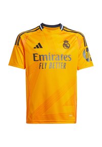 Maillot de football jaune à manches courtes, arborant un motif géométrique, un col rond et une marque "Emirates FLY BETTER" en gris.