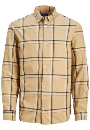 Chemise à carreaux beige à boutonner avec col, présentant des rayures marron foncé et blanches. Fabriquée en coton doux. Coupe classique avec boutons.