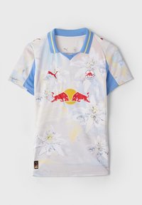 T-shirt à manches courtes dans des couleurs claires avec un motif floral. Doté d'un col bleu, de patchs de logo et d'un tissu léger et lisse.