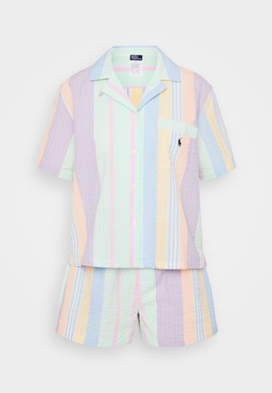 Short-sleeve pastel striped pajama set in quilted fabric. Features light green, purple, blue, and pink horizontal stripes, with a chest pocket.
