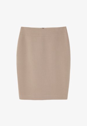 Beige kokerrok gemaakt van soepel stof, met een elegante silhouet, een verborgen ritssluiting aan de achterkant en een nette, op maat gemaakte afwerking.